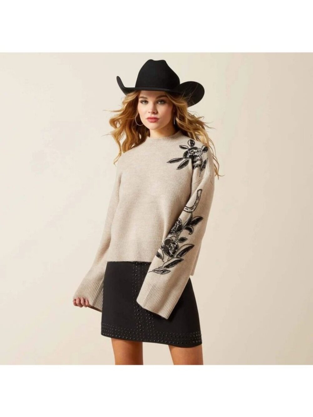 Ariat Women's Long Sleeve All In Embellished Sweater Oatmeal Heather 10065989